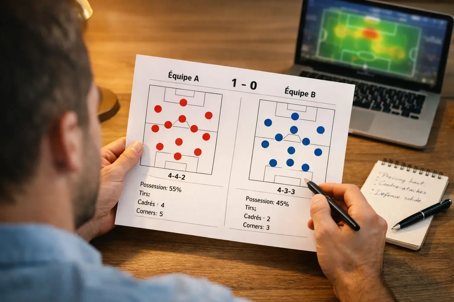 Analyse de match pour paris sportifs — homme étudiant les statistiques d'un match de football