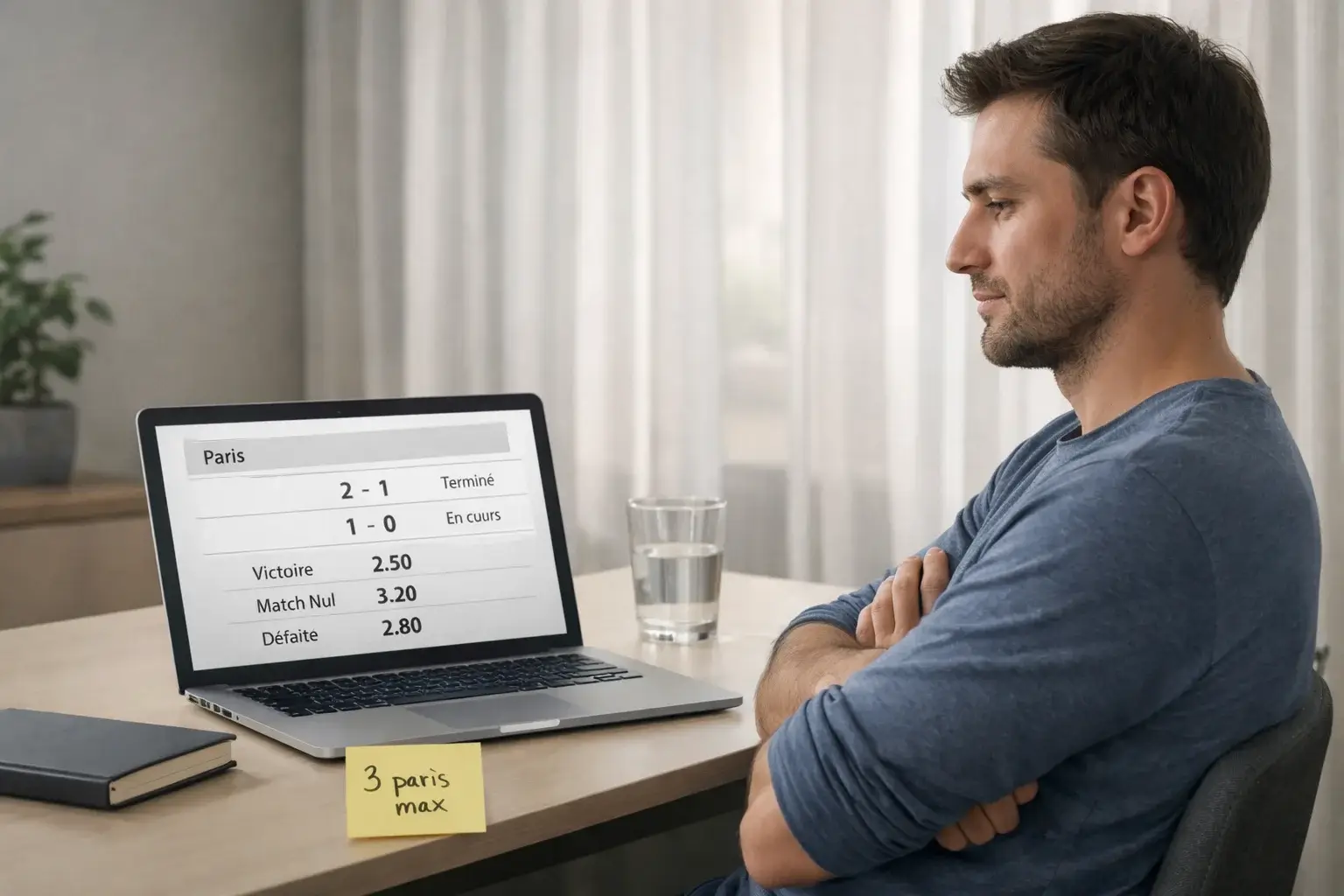 Parieur sportif concentré devant un écran, maîtrisant ses émotions