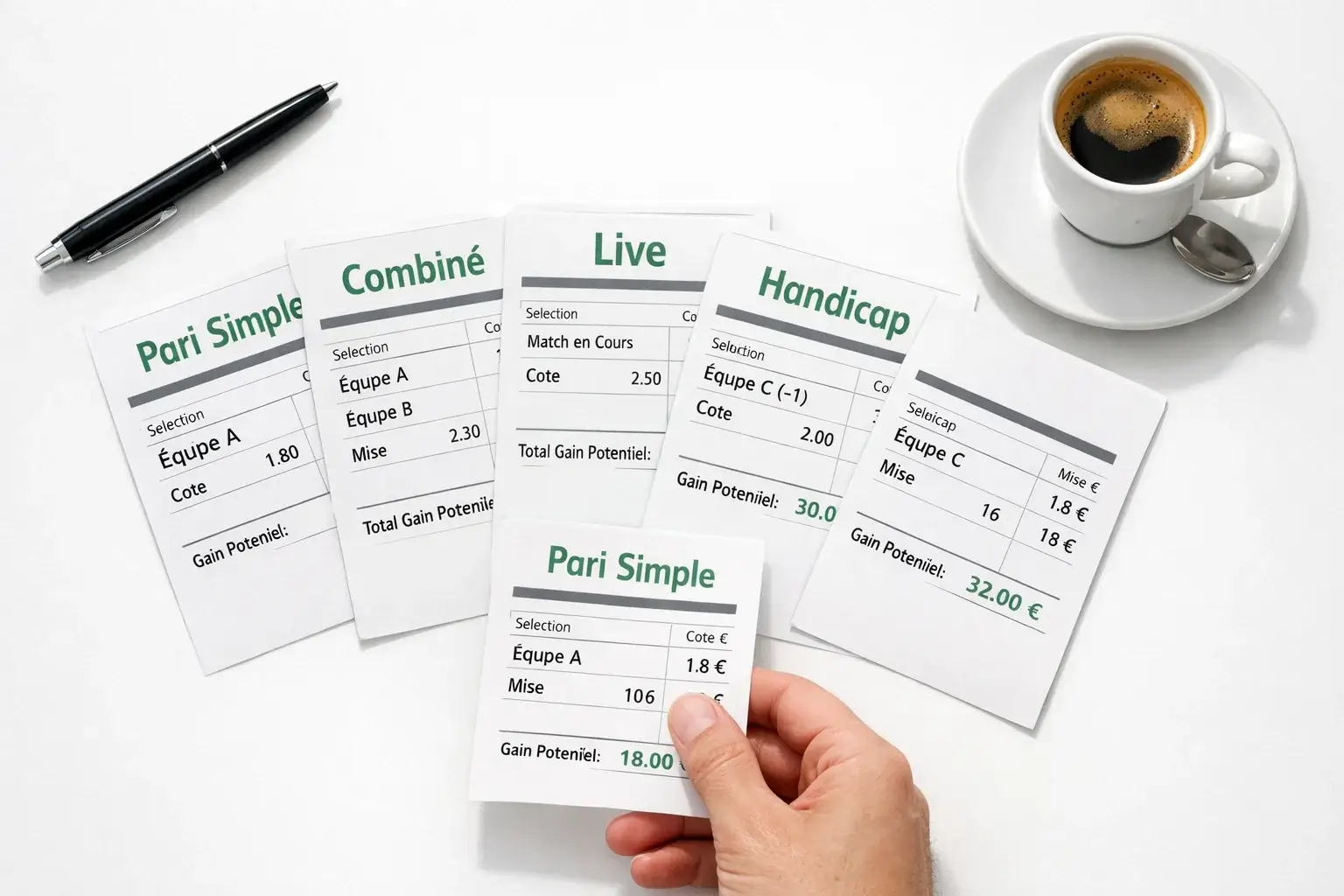 Types de paris sportifs — ticket de pari avec différentes options de mise